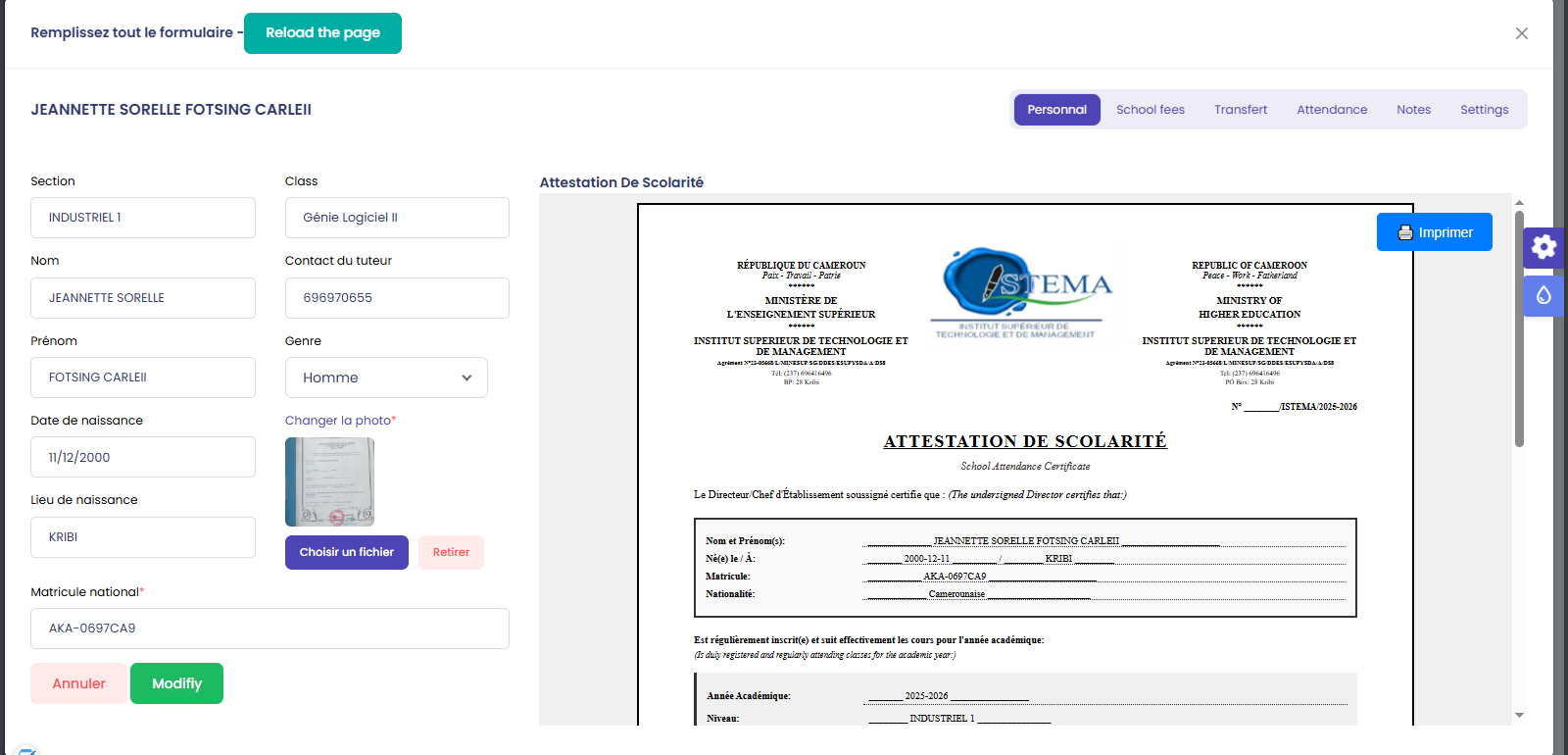 attestion de scolarité
